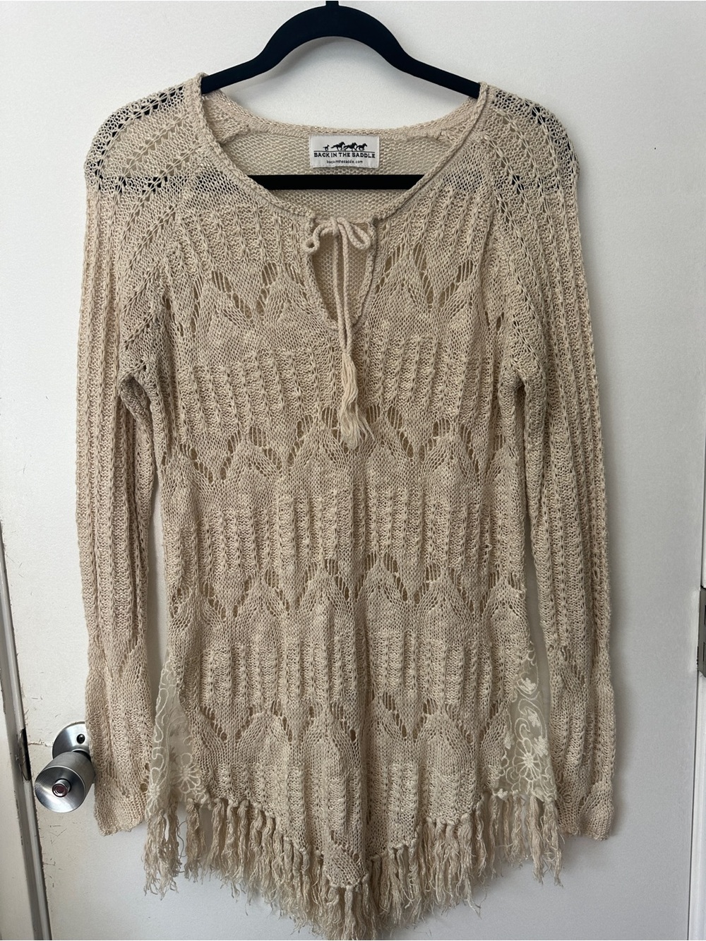 Back In The Saddle Crochet Fringe Tunic Top Womens S M Cream Boho Cover Up